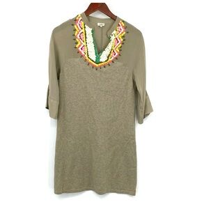 Hoss Intropia T-Shirt Dress Womens Sz XS Tan Blue Beaded Embellished V-Neck Mini